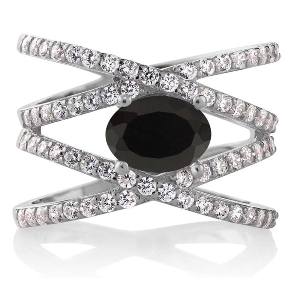 .925 Sterling Silver with Natural Black Onyx and Diamond Cubic Zirconia Ring